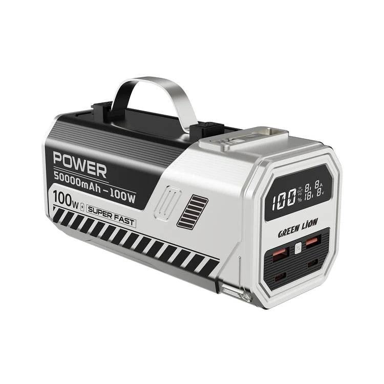 Green Lion Power Max Power Bank With High Lumens LED Flash Light, 50K mAh,  Fast Charging, Retractable Cable, Digital Display, Multi Device Charging - Silver