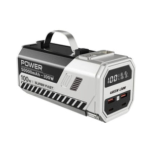 Green Lion Power Max Power Bank With High Lumens LED Flash Light, 50K mAh,  Fast Charging, Retractable Cable, Digital Display, Multi Device Charging - Silver