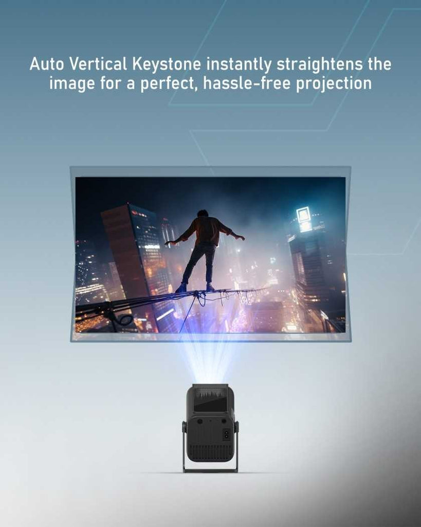 Projector with screen displaying a cityscape, featuring Auto Vertical Keystone technology.