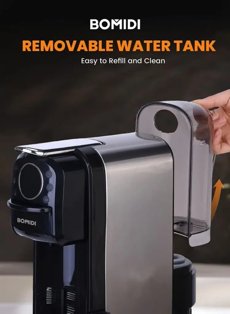 Bomidi CM01 3-in-1 black coffee machine with a modern touch control panel.