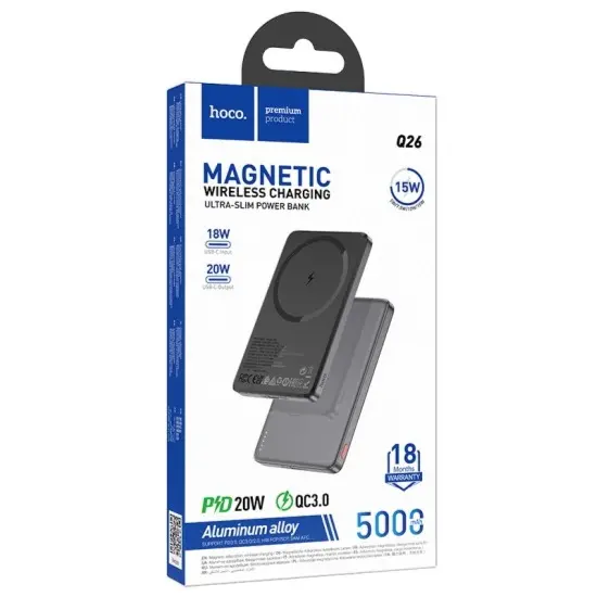 باور بانك لاسلكي رفيع بسعة 5000 مللي أمبير/ساعة، لون رمادي معدني - هوكو Q26
