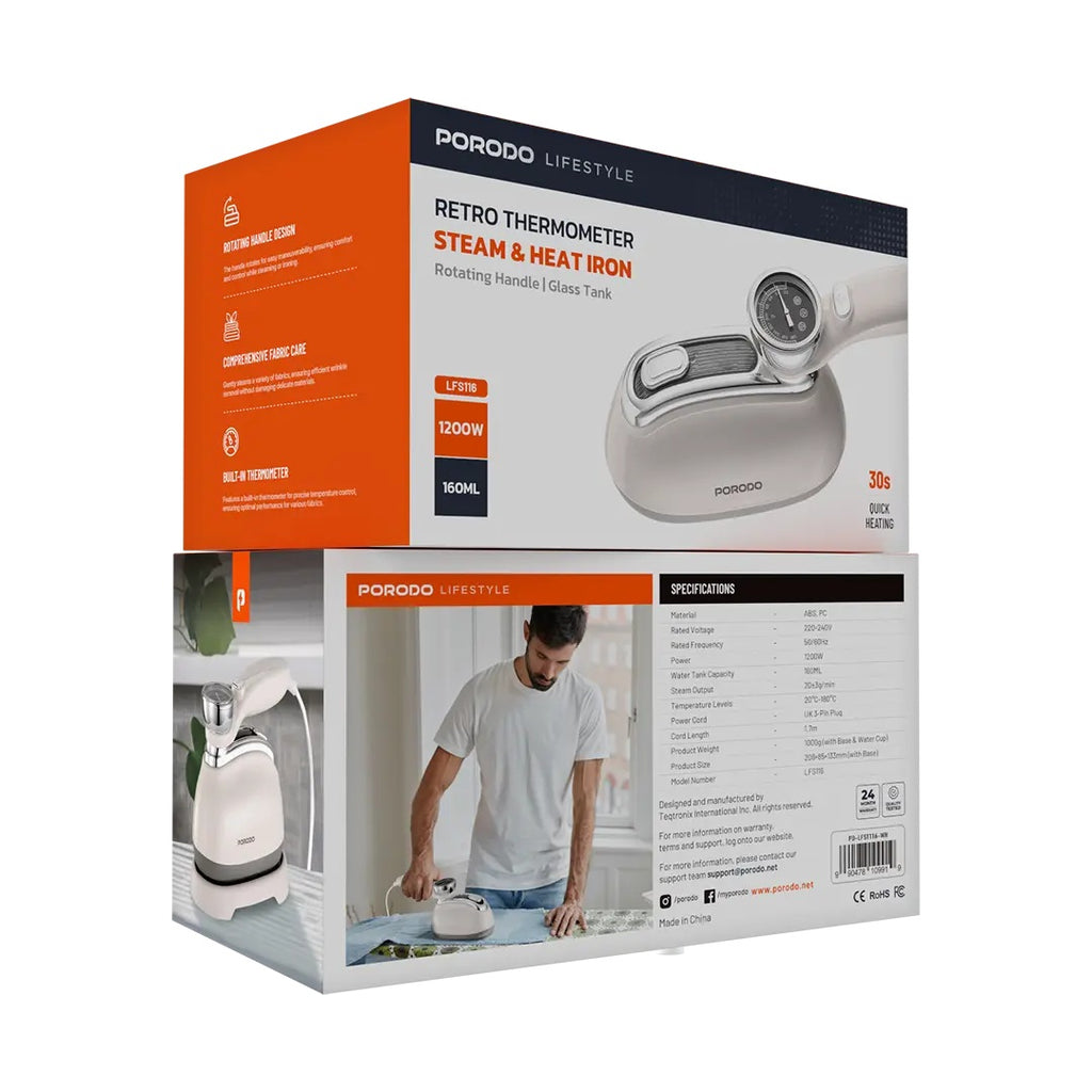 Porodo Lifestyle Retro Thermometer Steam & Heat Iron - White 9919