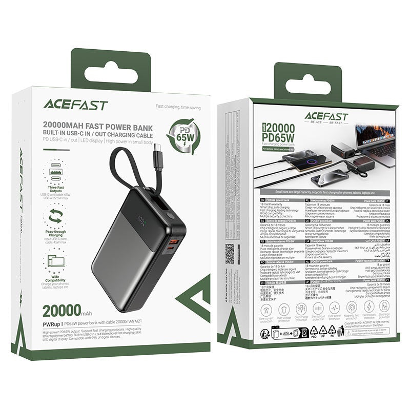 Fast Charge Power Bank For Laptop, Tablet And Phone Pd65w 20000mah - Acefast M21
