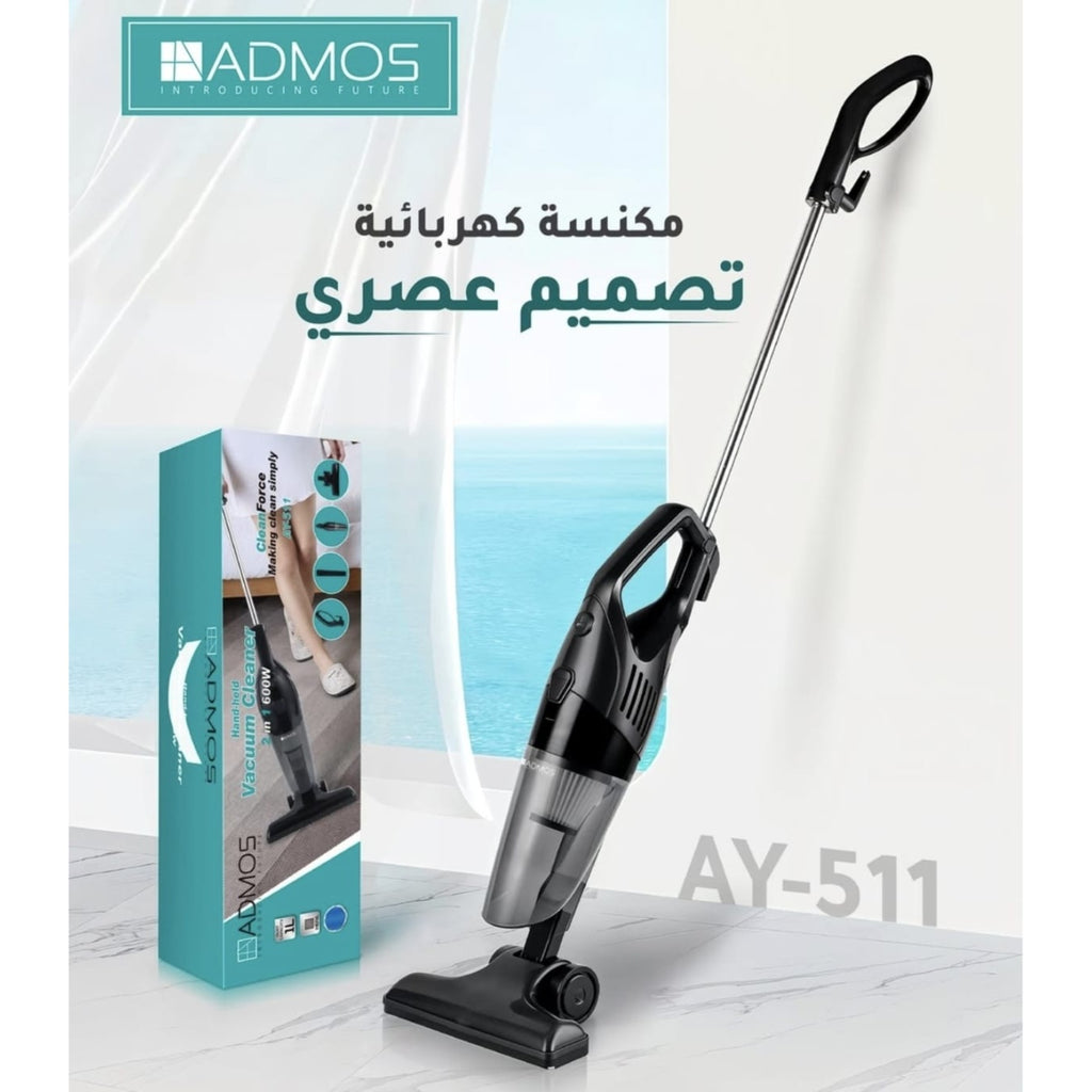 Black handheld vacuum cleaner with Admos branding and packaging on a light background
