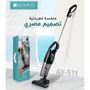 Black handheld vacuum cleaner with Admos branding and packaging on a light background
