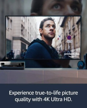Television displaying a Prime Video show with text about 4K Ultra HD quality.