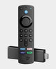 Black Amazon Fire TV remote control with buttons on a light gray background