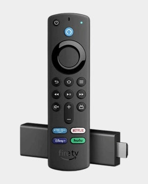 Black Amazon Fire TV remote control with buttons on a light gray background