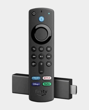 Black Amazon Fire TV remote control with buttons on a light gray background