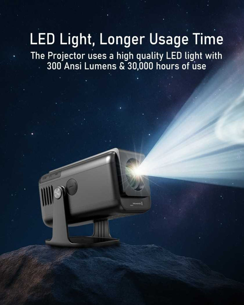 Projector with LED light emitting a beam against a dark background