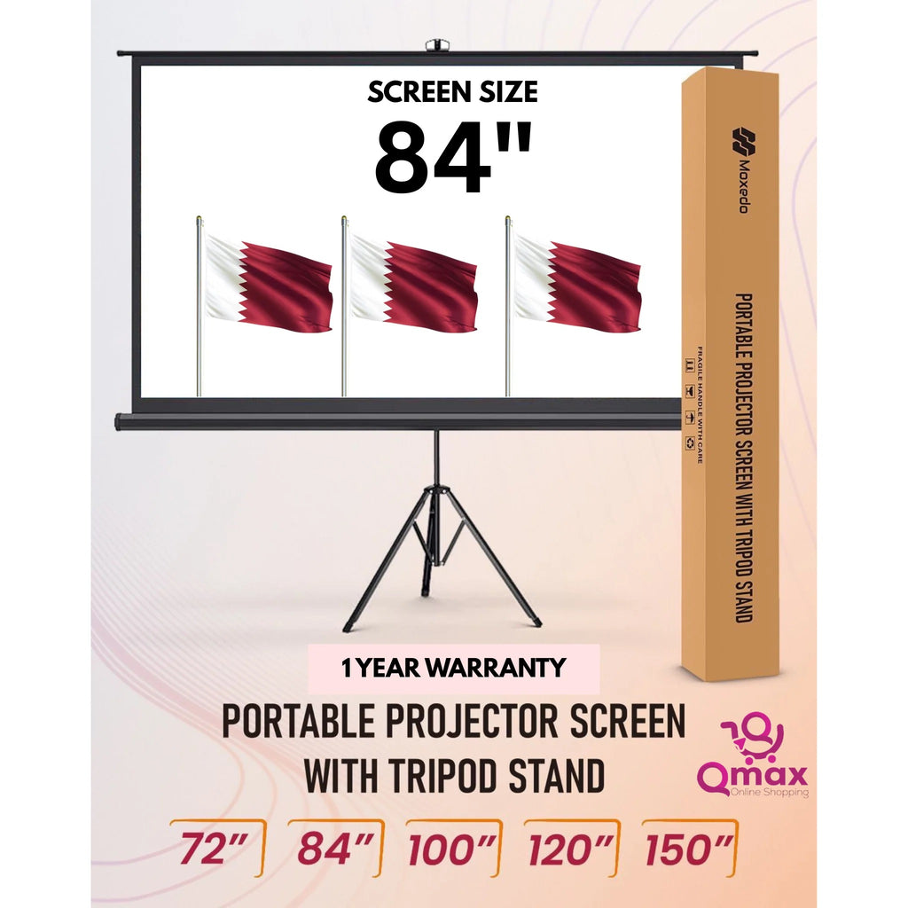 Portable projector screen with tripod stand and Qmax branding

