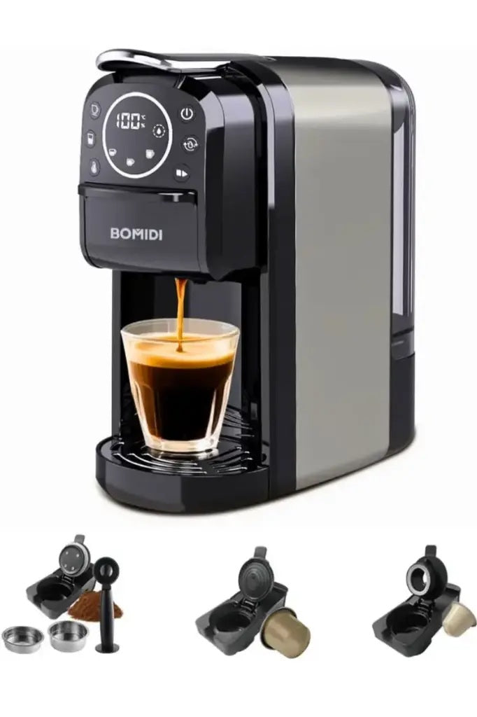 Bomidi coffee machine with a glass of coffee being poured, surrounded by coffee pods and accessories on a white background.