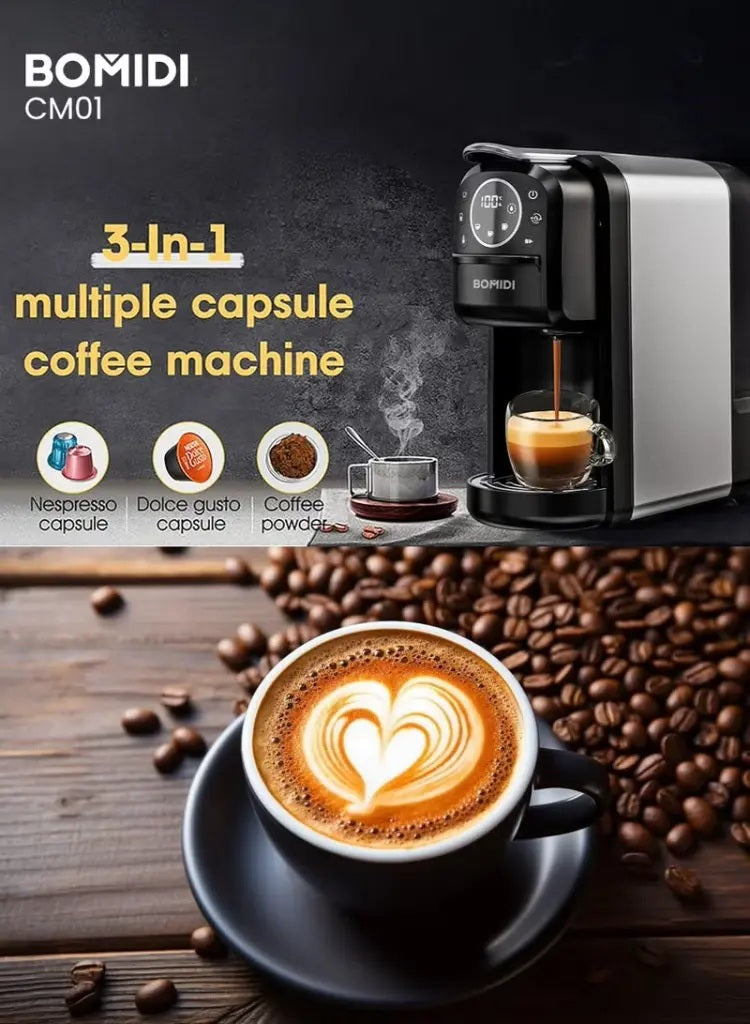Bomidi coffee machine with a cup of coffee and coffee beans on a wooden surface.