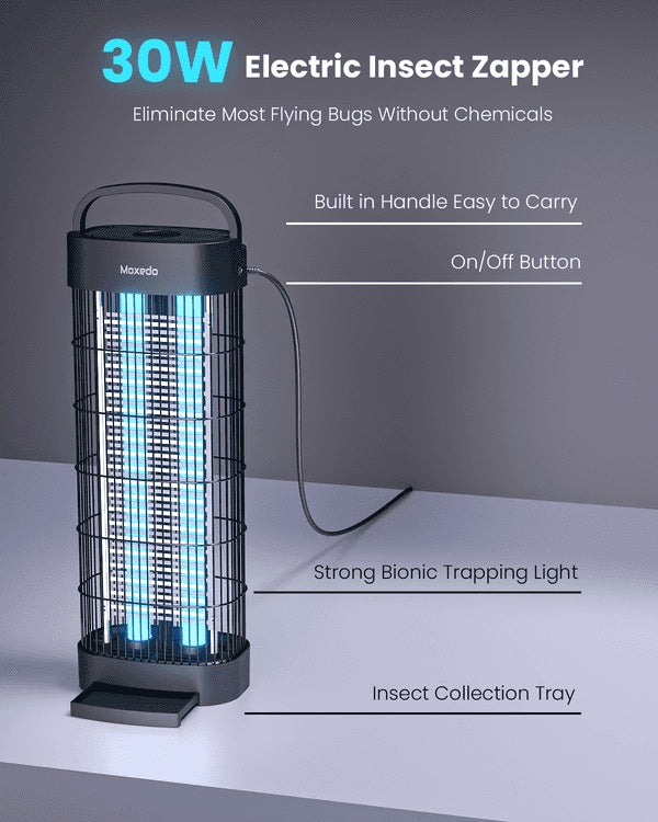 30W Electric Insect Zapper with features listed on a gray background
