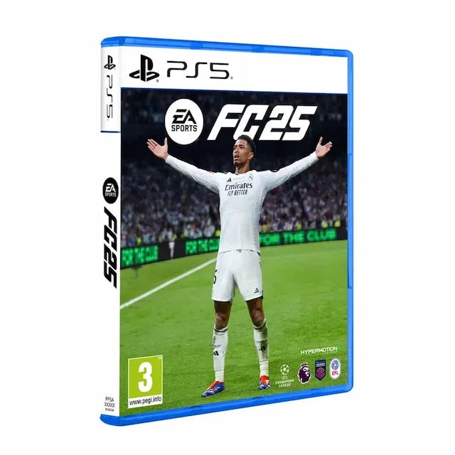 FC 2025 PS5 game cover showing vibrant football action with bilingual Arabic and English support
