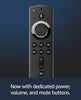 Black remote control with dedicated power, volume, and mute buttons on a dark blue gradient background.