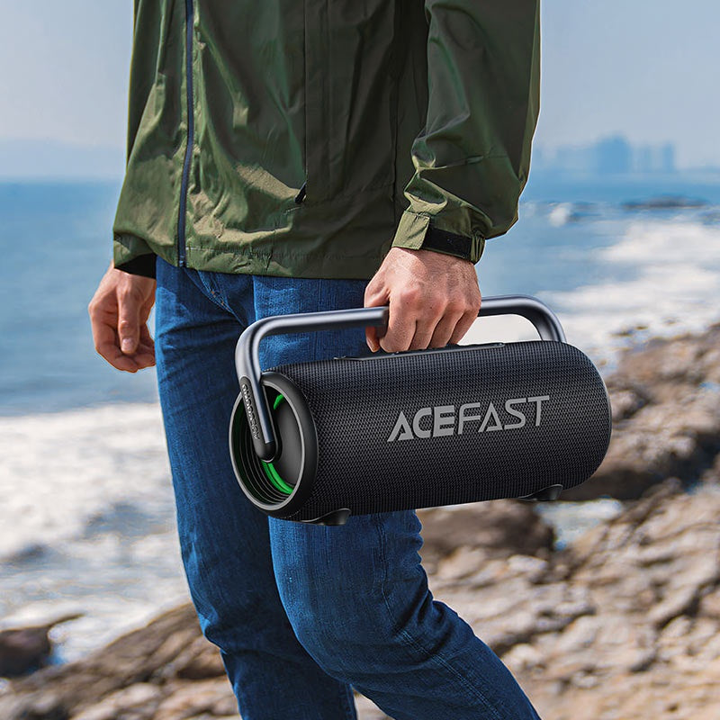 Front view of ACEFAST K2 Pro speaker with dual full-range and high-frequency drivers plus passive radiators.