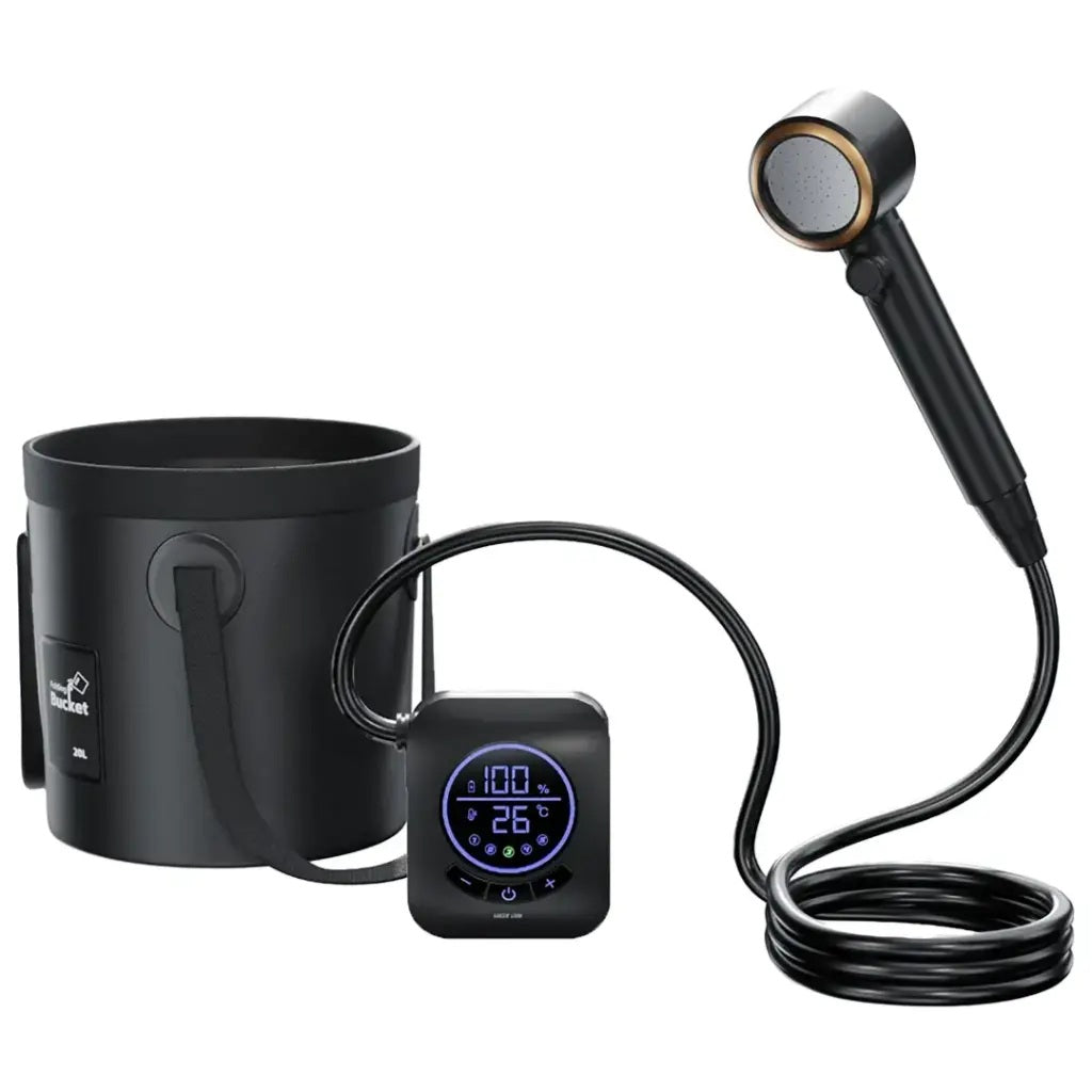 Black handheld showerhead with hose and digital temperature display on a white background