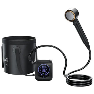 Black handheld showerhead with hose and digital temperature display on a white background