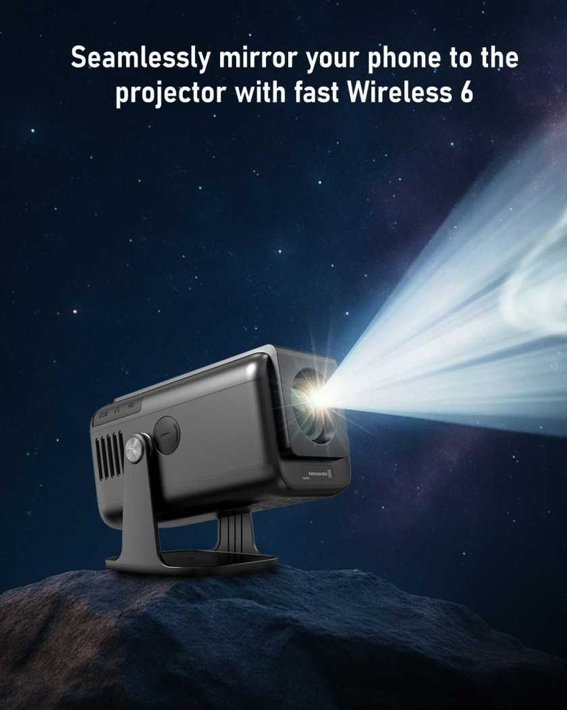 Projector on a dark surface with text about wireless mirroring