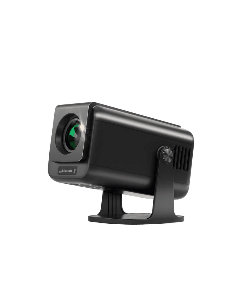 Black camera with green lens on a white background