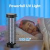 Ultraviolet light sterilizer next to a child sleeping with text indicating powerful UV light and coverage area.