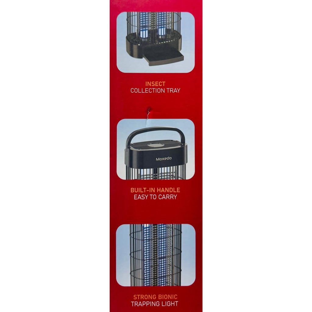 Maxell insect trap packaging with features highlighted on a red background