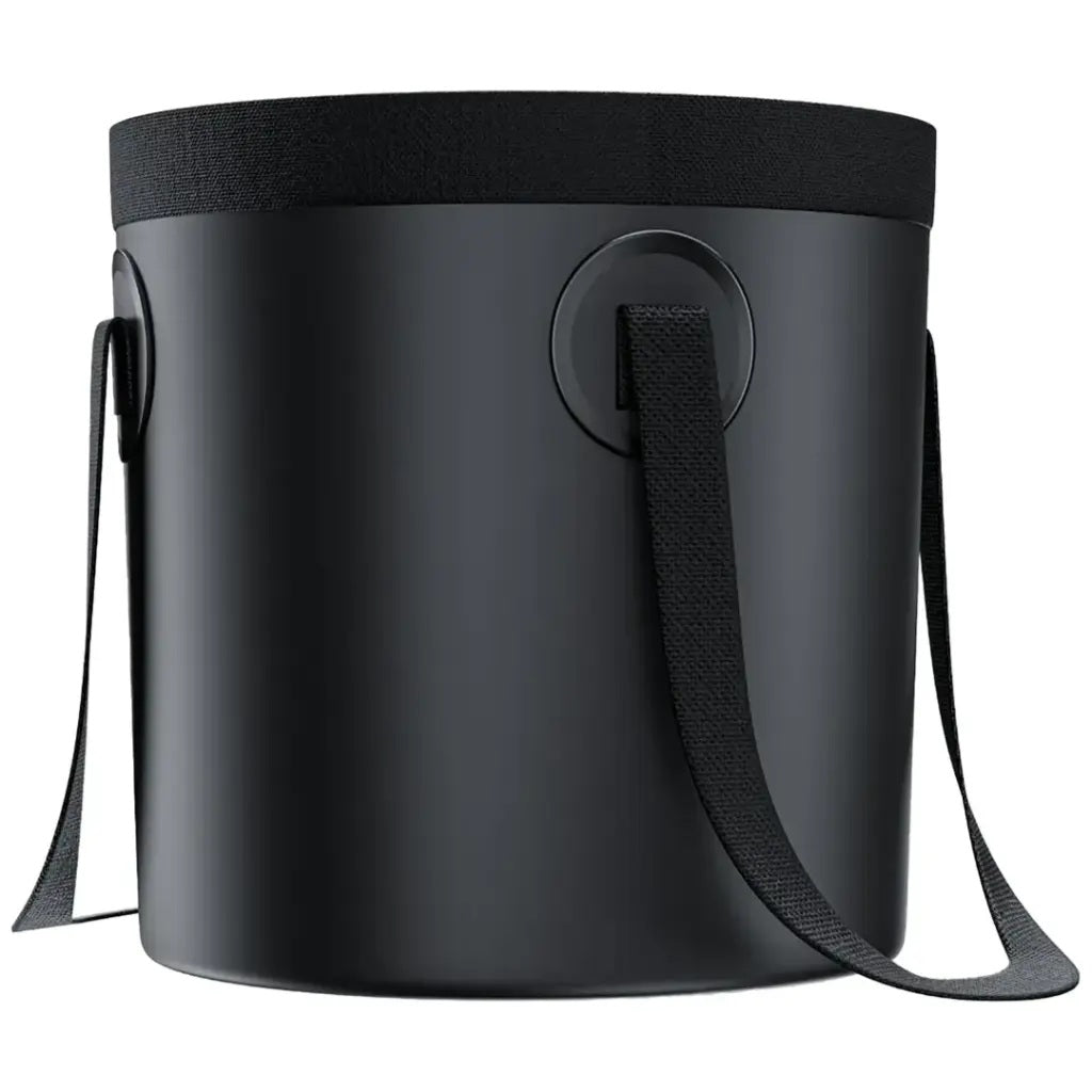 Black cylindrical bag with a strap on a white background