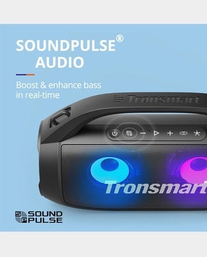 Side view of waterproof Tronsmart Bang SE speaker on outdoor surface.