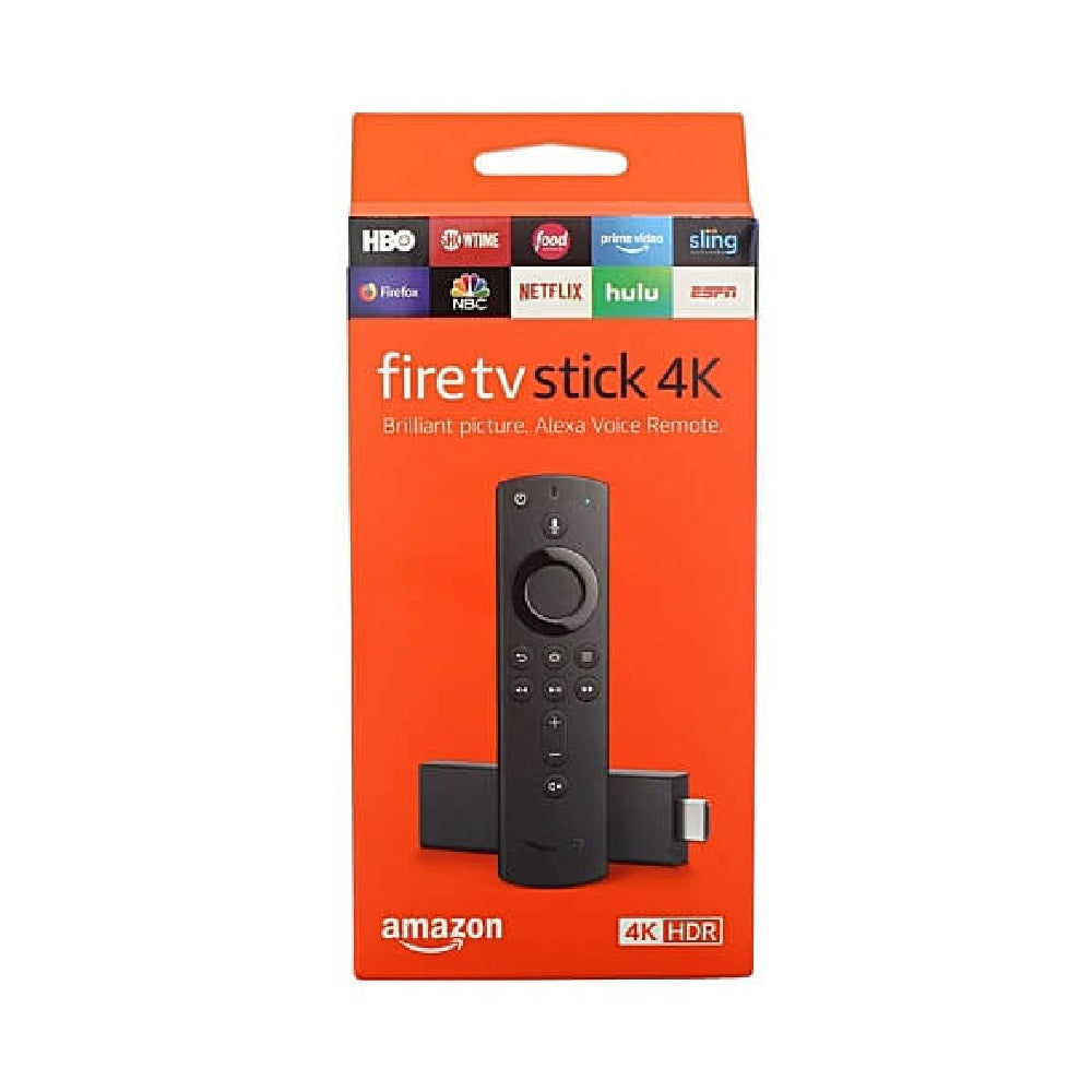 Amazon Fire TV Stick 4K packaging with remote and brand logos on an orange background