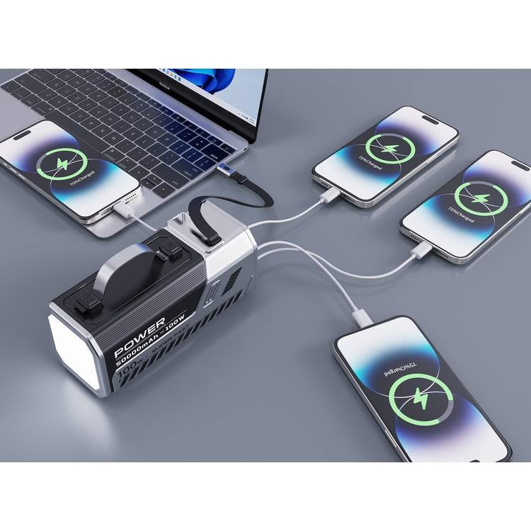 Green Lion Power Max Power Bank With High Lumens LED Flash Light, 50K mAh,  Fast Charging, Retractable Cable, Digital Display, Multi Device Charging - Silver