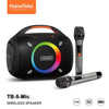 TB-5 Bluetooth speaker with dual wireless microphones and RGB lighting.