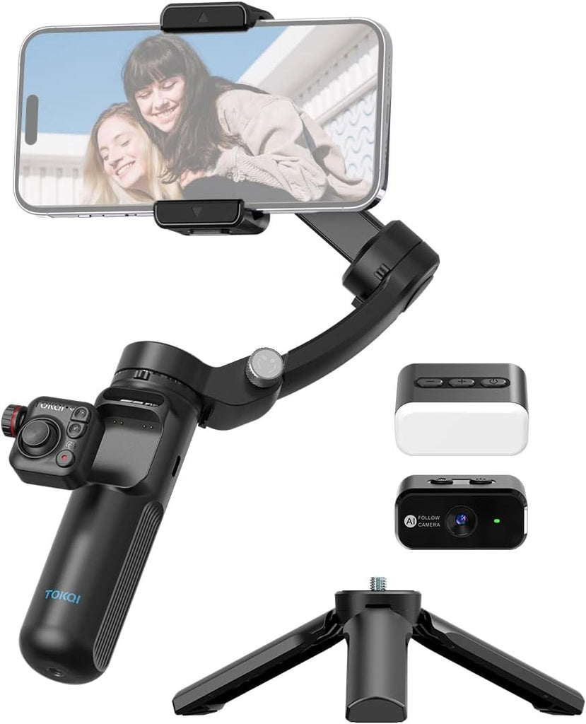 TOKQI M02 Gimbal with smartphone mounted and AI module attached