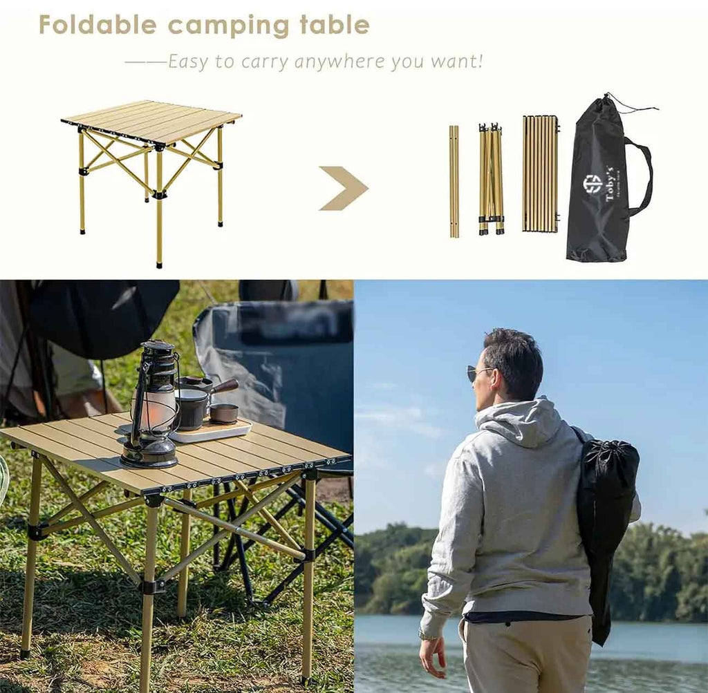 Modern and elegant aluminum portable table being used at a beach or picnic setting.