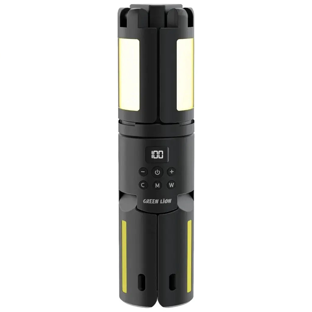 The Black Green Lion Trio Beam Camping Light in its 7-color RGB flash mode for emergency or fun use.