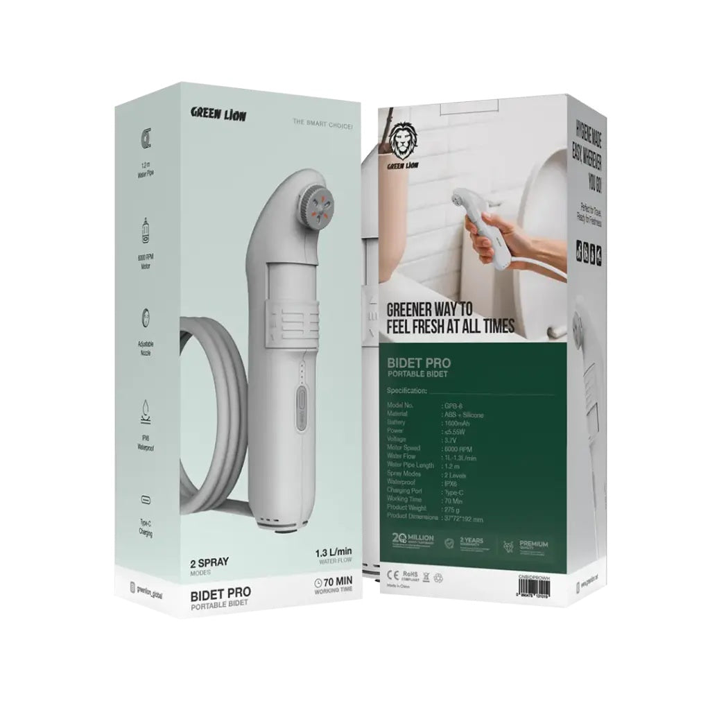 adjustable nozzle, 1.2m water pipe, and IPX6 waterproof body for effective hygiene anywhere.