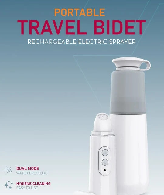 Portable travel bidet with rechargeable electric sprayer on a light blue background
